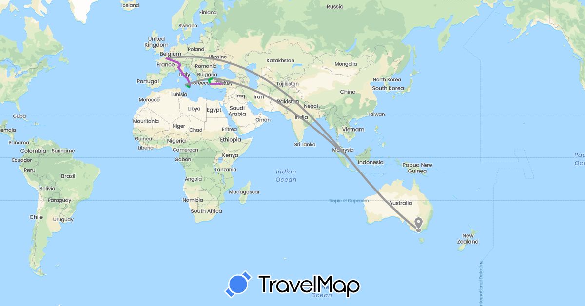 TravelMap itinerary: driving, bus, plane, train in Australia, Switzerland, France, Italy, Singapore, Turkey (Asia, Europe, Oceania)